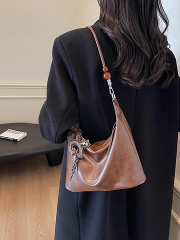 Vintage PU Leather Underarm Shoulder Bag For Women Pleated Hobo Bag With Cat Chocolate Charms Amber Bead Strap Daily Purse