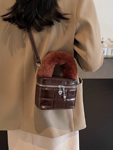 Damen Gesteppte Henkeltasche Mit Kunstpelzgriff Kleine Box Bag Retro Umhängetasche Trendy Herzanhänger Quadratische Tasche