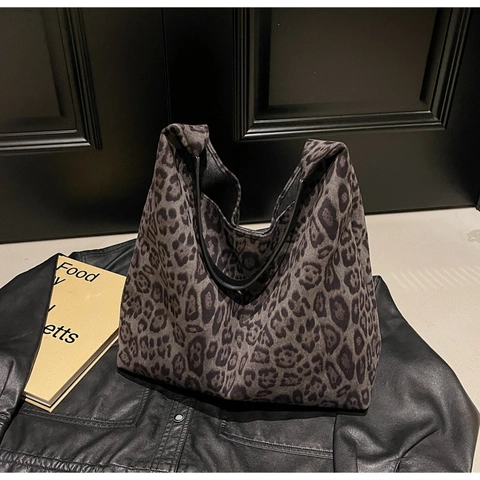 Borsa a Tracolla in Velluto con Stampa Leopardata Grande Capacità Borsa Tote Donna Casual Minimalista Hobo Bag Shopping