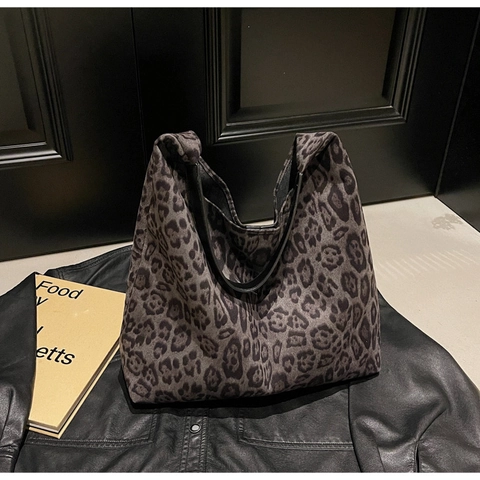 Borsa a Tracolla in Velluto con Stampa Leopardata Grande Capacità Borsa Tote Donna Casual Minimalista Hobo Bag Shopping