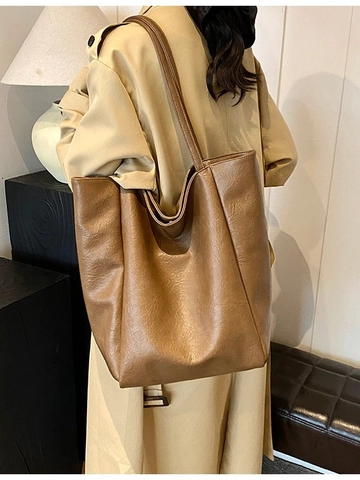 Bolso Tote de Cuero PU de Gran Capacidad Vintage para Mujer Minimalista Informal Bolso de Hombro para Conmutar Moda Color Sólido Bolso de Mano para Escuela Oficina