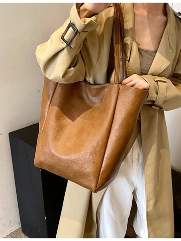 Bolso Tote de Cuero PU de Gran Capacidad Vintage para Mujer Minimalista Informal Bolso de Hombro para Conmutar Moda Color Sólido Bolso de Mano para Escuela Oficina
