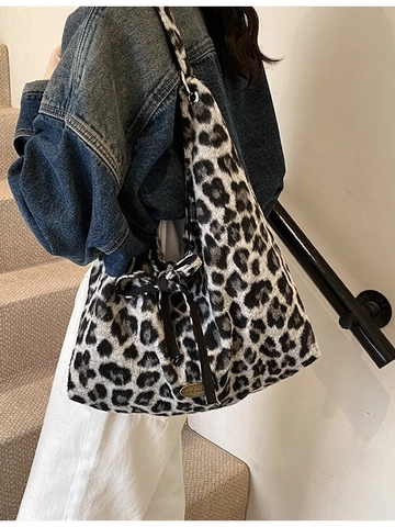 Women Retro Leopard Print Woolen Tote Bag Large Capacity Faux Fur Look Shoulder Bag With Bow Decoration Casual Fashion Handbag