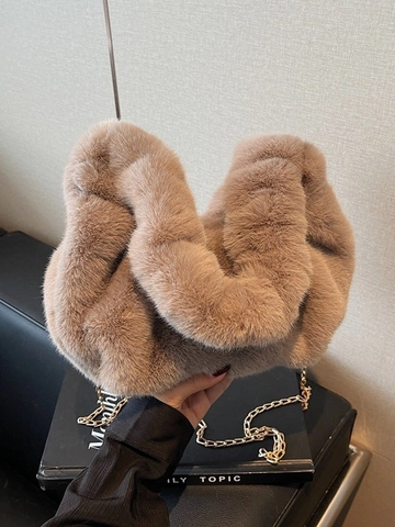 Women's Faux Fur Plush Crossbody Bag Korean Trendy Pleated Cloud Dumpling Bag With Gold Metal Chain Strap Shoulder Bag