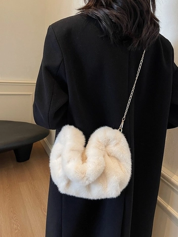 Women's Faux Fur Plush Crossbody Bag Korean Trendy Pleated Cloud Dumpling Bag With Gold Metal Chain Strap Shoulder Bag