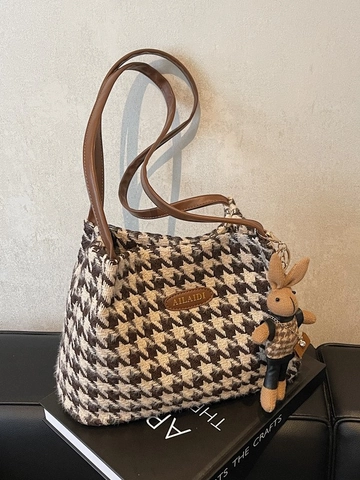 Vintage Hahnentritt Tragetasche Für Damen Große Kapazität Strick Textil Umhängetasche Mit Süßem Hasenanhänger Retro Handtasche