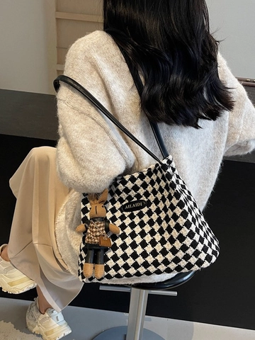 Vintage Hahnentritt Tragetasche Für Damen Große Kapazität Strick Textil Umhängetasche Mit Süßem Hasenanhänger Retro Handtasche