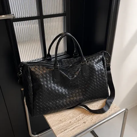 Women Large Capacity Woven PU Leather Travel Bag Casual Fashion Handheld Crossbody Duffel Bag For Weekend Trip Business