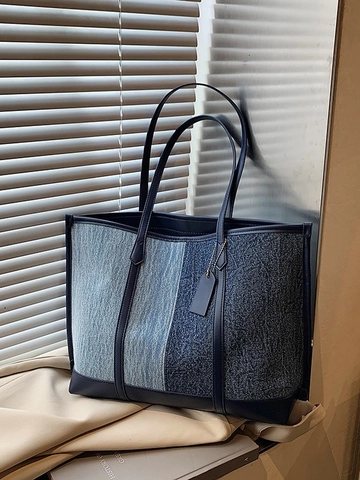 Bolso de Mano Mujer Gran Capacidad Contraste Color Cosido PU Tejido Bolso de Hombro Retro Conmutador Bolso para Oficina Escuela Diario