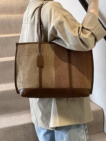 Bolso de Mano Mujer Gran Capacidad Contraste Color Cosido PU Tejido Bolso de Hombro Retro Conmutador Bolso para Oficina Escuela Diario