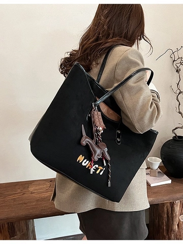 Large Capacity Faux Suede Tote Bag With Dog Embroidery And Charms Vintage Casual Shoulder Bag For Women Shopping Daily Use