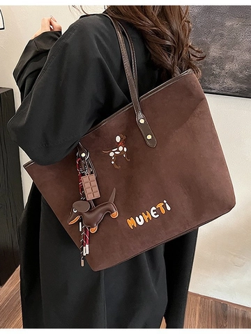 Large Capacity Faux Suede Tote Bag With Dog Embroidery And Charms Vintage Casual Shoulder Bag For Women Shopping Daily Use