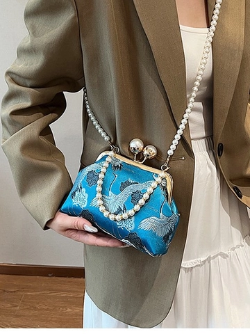 Borsa da Sera Vintage Stile Cinese con Ricamo Gru Pochette in Raso con Chiusura a Scatto e Tracolla a Catena di Perle Sintetiche