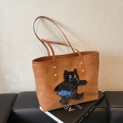 Women Large Capacity Tote Bag Black Cat Blue Fish Embroidery PU Leather Shoulder Bag Casual Street Fashion Travel Handbag