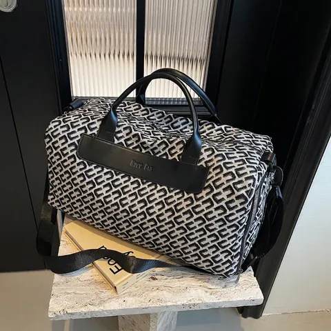Borsa da Viaggio da Donna di Grande Capacità Borsa da Weekend in Tela Jacquard Geometrica Con Scomparto per Scarpe e Separazione Secco-Umido