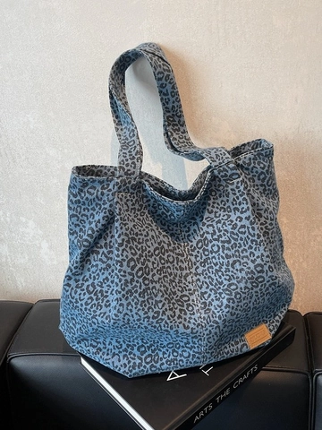 Große Damen Einkaufstasche Mit Leopardenmuster Vintage Denim Segeltuch Schultertasche Für Arbeit Reisen Shopping Blau