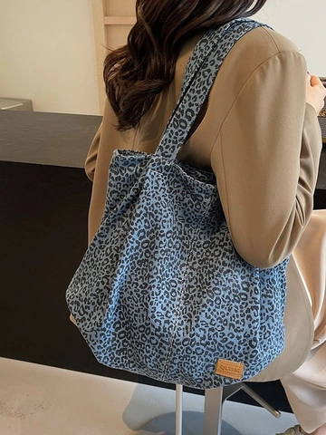 Große Damen Einkaufstasche Mit Leopardenmuster Vintage Denim Segeltuch Schultertasche Für Arbeit Reisen Shopping Blau