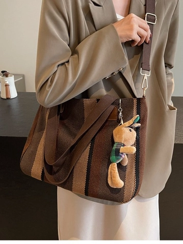 Women Striped Canvas Tote Bag Large Capacity Shoulder Crossbody Bag With Plush Bunny Charm Fashion Commuting Travel Handbag