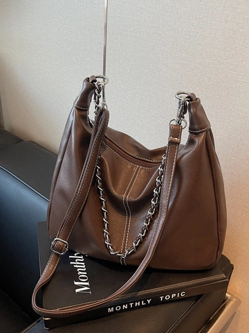 Damen Große Kapazität Hobo Tasche Vintage PU Leder Schultertasche Mit Kettendekoration Und Kontrastnähten Pendler Tote