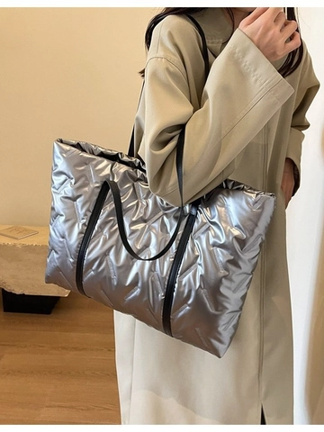 Damen Große Kapazität Gesteppte Puffer Tragetasche Metallisch Glänzend Schultertasche Leichte Mode Gepolsterte Handtasche Casual Winter