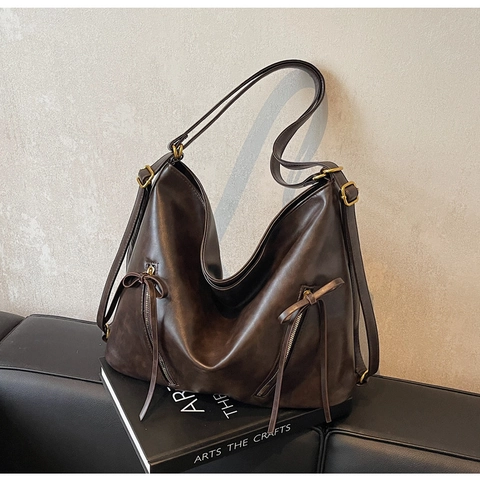 Borsa Tote Vintage in Pelle PU Grande Capacità Donna Dettaglio Fiocco e Cerniera Retro Borsa a Tracolla Versatile Quotidiana