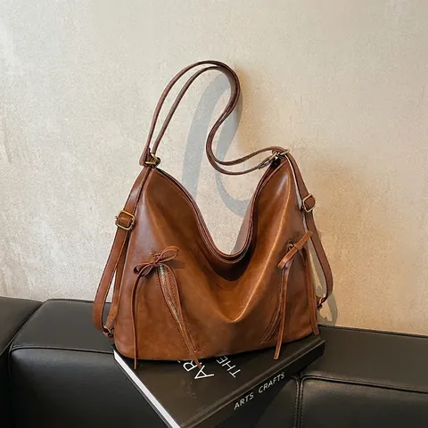 Borsa Tote Vintage in Pelle PU Grande Capacità Donna Dettaglio Fiocco e Cerniera Retro Borsa a Tracolla Versatile Quotidiana