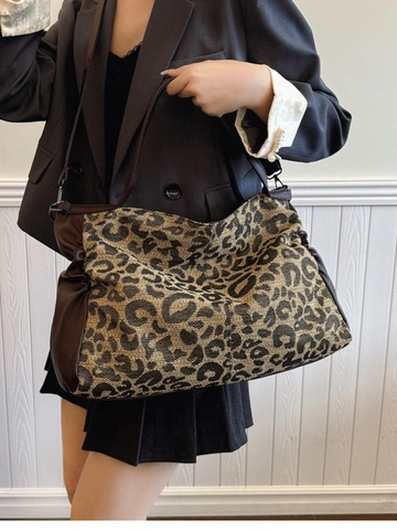 Women's Leopard Print Large Capacity Tote Bag PU Leather Fabric Crossbody Shoulder Bag Vintage Hobo Handbag