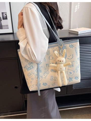 Borsa Tote in Pelle PU da Donna Grande Graffiti Street Style Stampa di Lettere Borsa a Spalla Con Pendente a Coniglio