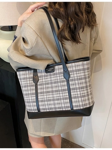Große Kapazität Plaid Einkaufstasche Damen Mode Pendler Retro Umhängetasche Student Schultasche Stoff Spleißen PU Handtasche