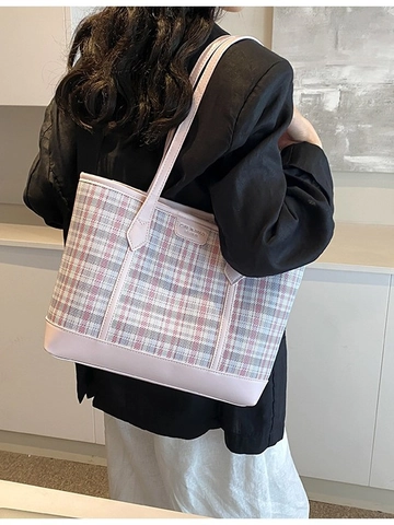 Große Kapazität Plaid Einkaufstasche Damen Mode Pendler Retro Umhängetasche Student Schultasche Stoff Spleißen PU Handtasche