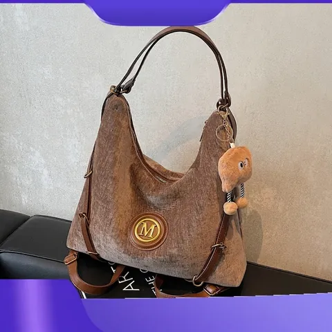 Damen Retro Cord Leopardenmuster Große Tragetasche Hohe Kapazität Schultertasche Mit Plüsch-Anhänger Für Das Pendeln Alltag Schule