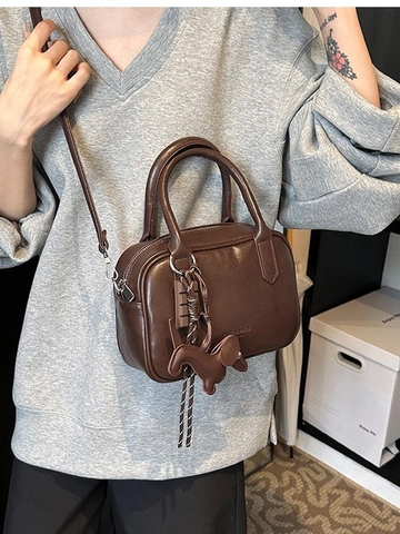 Women Vintage PU Leather Boston Bag Large Capacity Handbag Crossbody Pillow Bag With Dog Charm Retro Shoulder Bag Gift