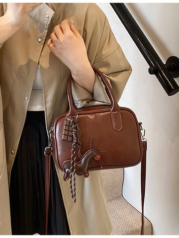 Women Vintage PU Leather Boston Bag Large Capacity Handbag Crossbody Pillow Bag With Dog Charm Retro Shoulder Bag Gift