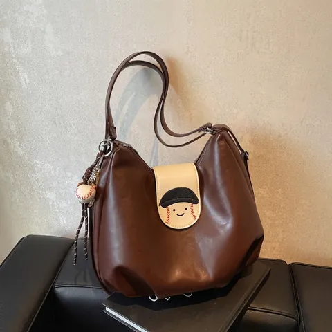 Bolso de Hombro Hobo de Cuero PU para Mujer Vintage Gran Capacidad Tema Béisbol Dibujos Animados Cara Sonriente Mochila Tote Con Dijes