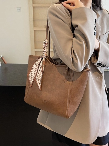 Damen Große Kapazität PU-Leder Einkaufstasche Mit Schal Mode Retro Einfarbig Schultertasche Für Den Täglichen Weg Zur Arbeit