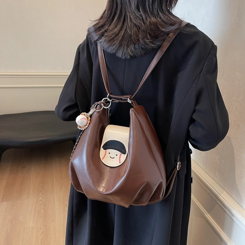 Bolso de Hombro Hobo de Cuero PU para Mujer Vintage Gran Capacidad Tema Béisbol Dibujos Animados Cara Sonriente Mochila Tote Con Dijes