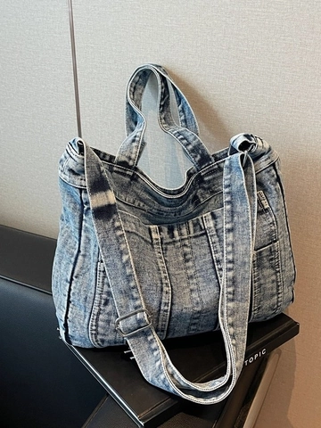 Borsa Tote in Denim Lavato Retrò da Donna Grande Capacità Tasche Multiple Lavaggio Acido Tracolla Regolabile Casual