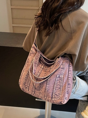 Borsa Tote in Denim Lavato Retrò da Donna Grande Capacità Tasche Multiple Lavaggio Acido Tracolla Regolabile Casual