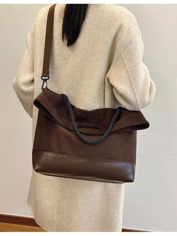 Women Large Capacity Faux Suede PU Leather Tote Bag Vintage Contrast Color Shoulder Crossbody Bag With Braided Rope Handle