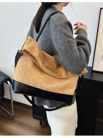Women Large Capacity Faux Suede PU Leather Tote Bag Vintage Contrast Color Shoulder Crossbody Bag With Braided Rope Handle