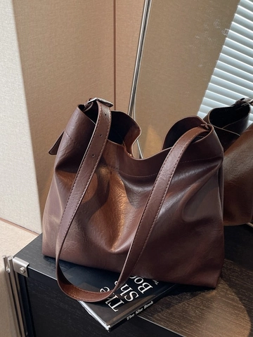 Women Large Capacity PU Leather Tote Bag Vintage Minimalist Shoulder Bag Solid Color Casual Commuter Hobo Handbag Adjustable Strap