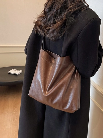Women Large Capacity PU Leather Tote Bag Vintage Minimalist Shoulder Bag Solid Color Casual Commuter Hobo Handbag Adjustable Strap