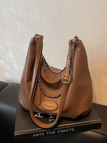 Damen Retro PU Leder Hobo Tasche Große Kapazität Silberkette Knöcheltasche Mode Pendler Schulter Umhängetasche