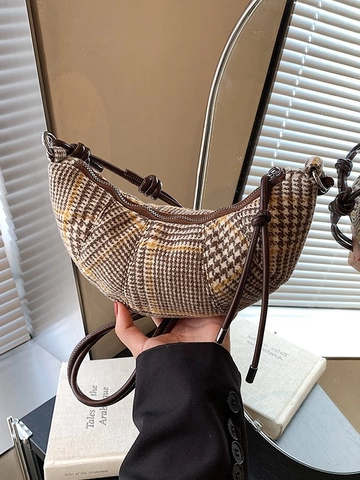 Vintage Plaid Houndstooth Crossbody Bag For Women Retro Croissant Moon Shape Shoulder Bag With Knot Strap Fashion Handbag