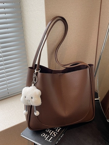 Women Litchi Grain PU Leather Tote Bag Large Capacity Shoulder Bucket Bag And Pouch With Cloud Plush Charm Commute Urban Minimalist Handbag