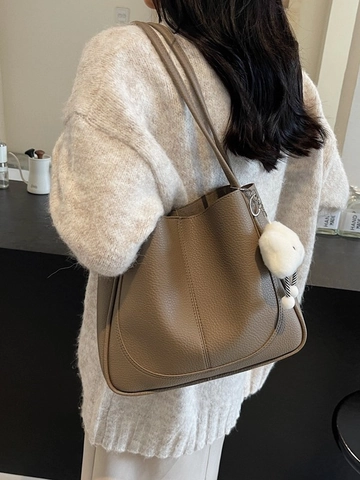 Women Litchi Grain PU Leather Tote Bag Large Capacity Shoulder Bucket Bag And Pouch With Cloud Plush Charm Commute Urban Minimalist Handbag