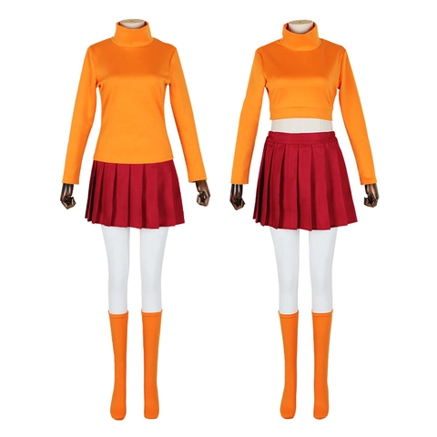 Set Costume Cosplay da Donna Top a Manica Lunga a Collo Alto Arancione Minigonna a Pieghe Rossa Calze Sopra il Ginocchio Occhiali Halloween
