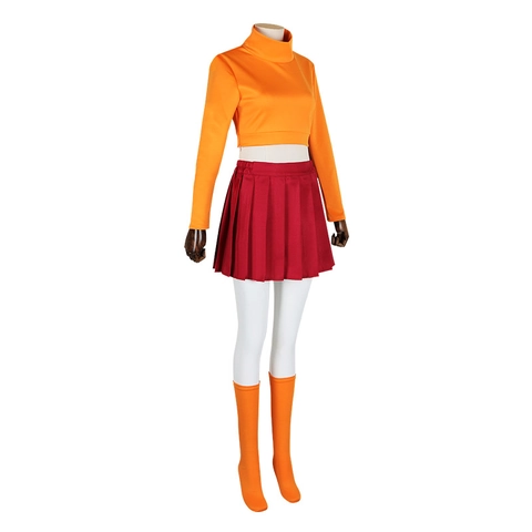 Set Costume Cosplay da Donna Top a Manica Lunga a Collo Alto Arancione Minigonna a Pieghe Rossa Calze Sopra il Ginocchio Occhiali Halloween