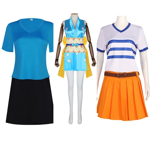 Costume Cosplay da Navigatrice Anime per Donna Set Top a Righe Gonna Arancione Abito Kimono Blu Stella per Festa Halloween