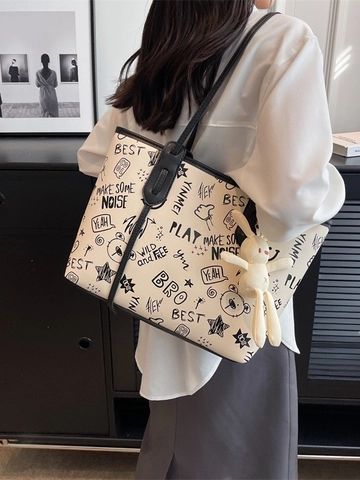 Borsa Tote Graffiti da Donna di Grande Capacità Borsa a Tracolla in Pelle PU Con Ciondolo a Coniglio Borsa alla Moda Street Style per Pendolari